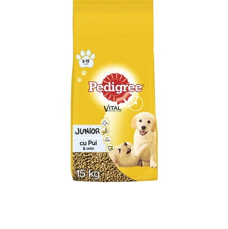 hrana uscata pentru caini pedigree junior pui si orez 15kg